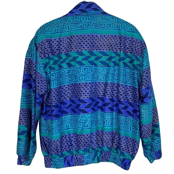 Vintage 80s 90s Silk Windbreaker Jacket Womens Medium Geometric Turquoise Blue - Picture 2 of 13